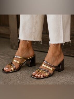 FARM Rio Sandals Block Heel Metallic Strappy Sz 9 NEW